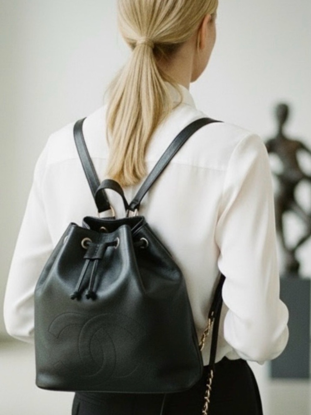 Auth RARE CHANEL Black Leather Mini Backpack CC logo Embroidery Gold chain strap